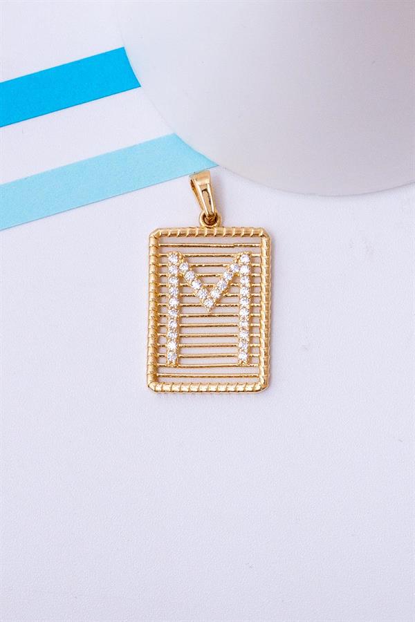 14 Ayar Altın M Harf Telli Taşlı Kolye Ucu