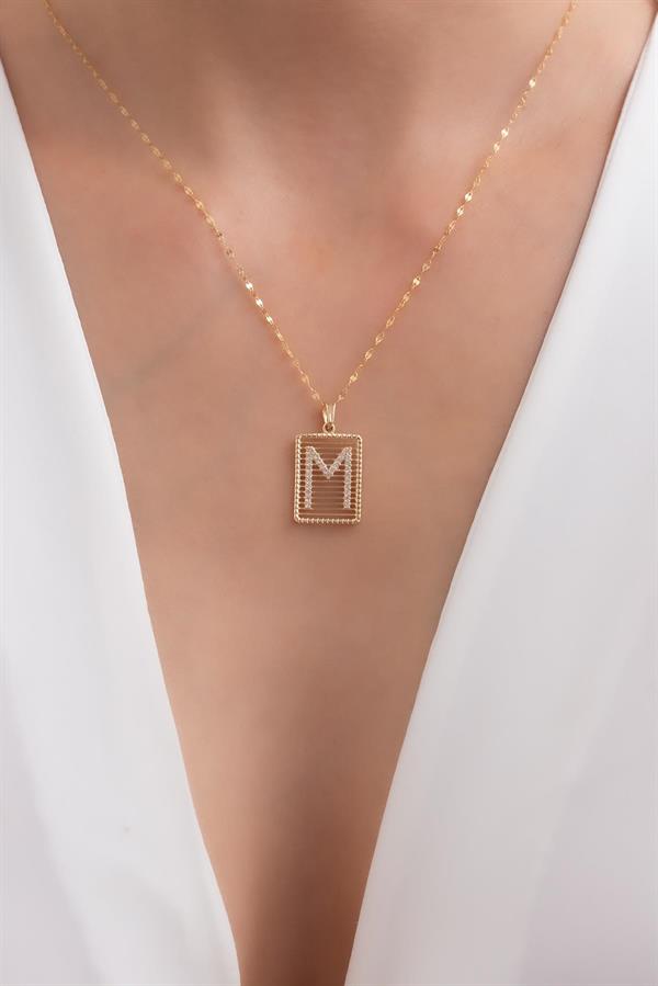 14K Solid Gold M Letter Necklace with Stones