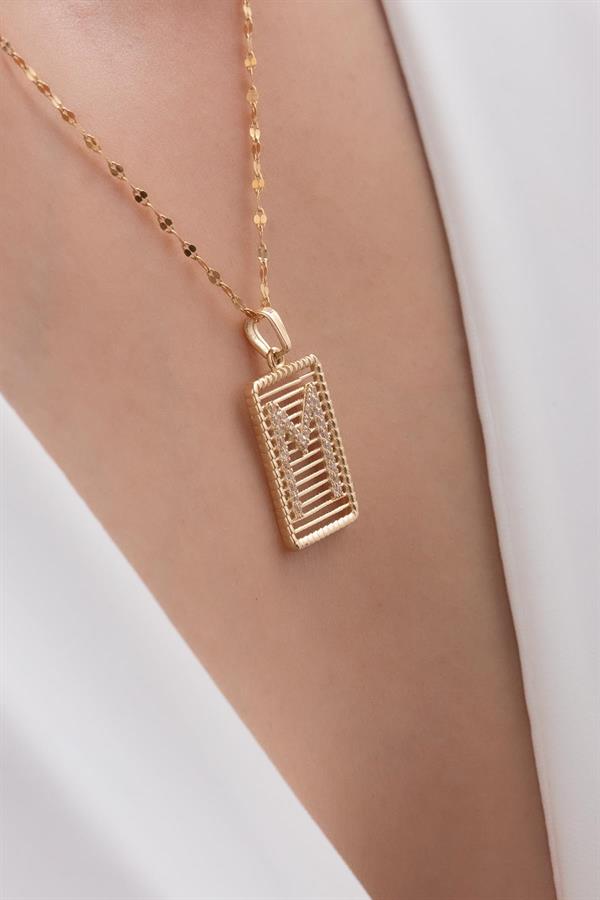 14K Solid Gold M Letter Necklace with Stones