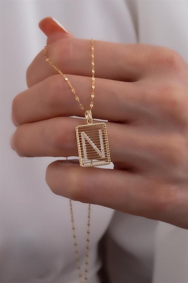 14K Solid Gold N Letter Wire Stone Necklace