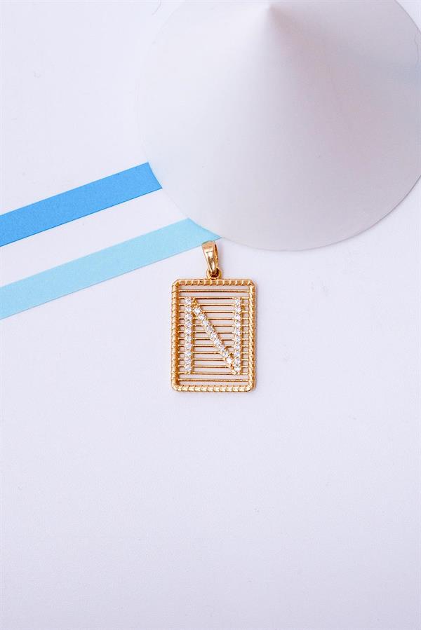 14 Ayar Altın N Harf Telli Taşlı Kolye Ucu