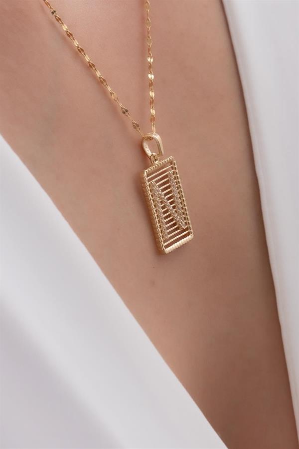 14K Solid Gold N Letter Wire Stone Necklace