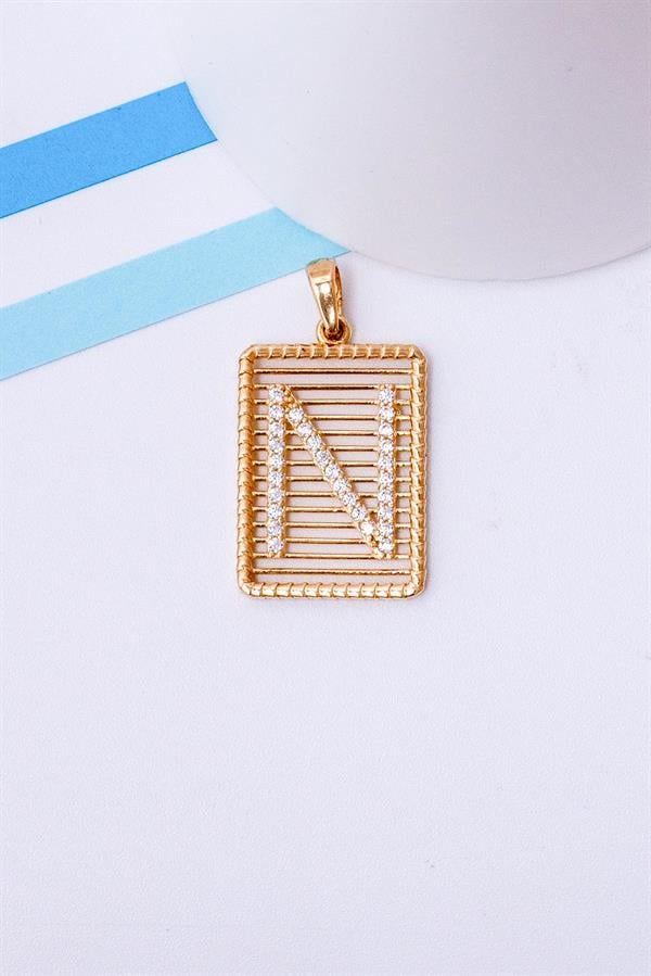 14 Ayar Altın N Harf Telli Taşlı Kolye Ucu