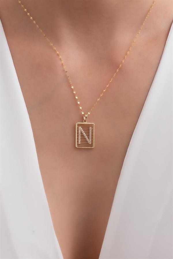 14K Solid Gold N Letter Wire Stone Necklace