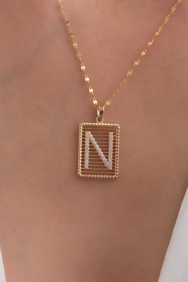 14K Solid Gold N Letter Wire Stone Necklace