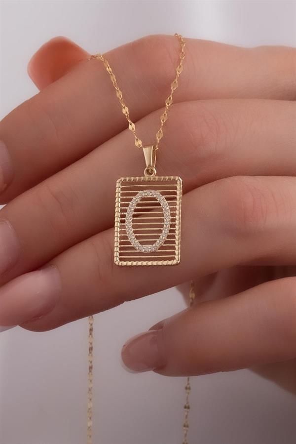 14K Solid Gold O Letter Wire Stone Necklace