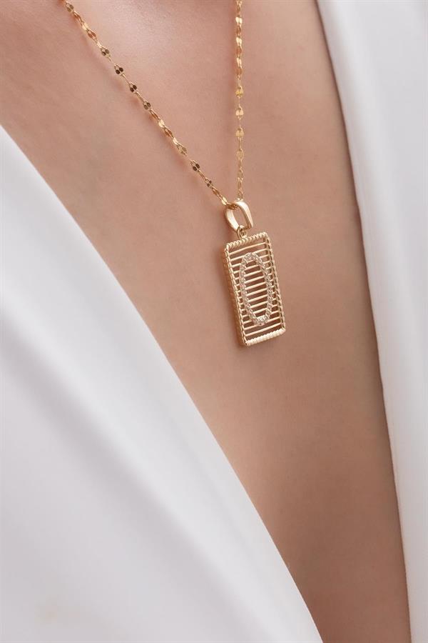 14K Solid Gold O Letter Wire Stone Necklace