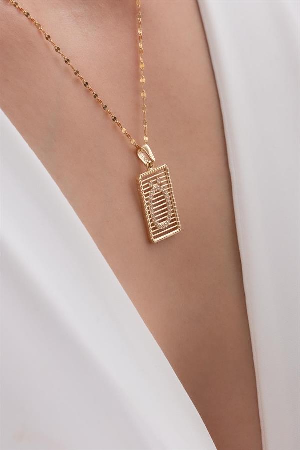 14K Solid Gold Ö Letter Wire Stone Necklace