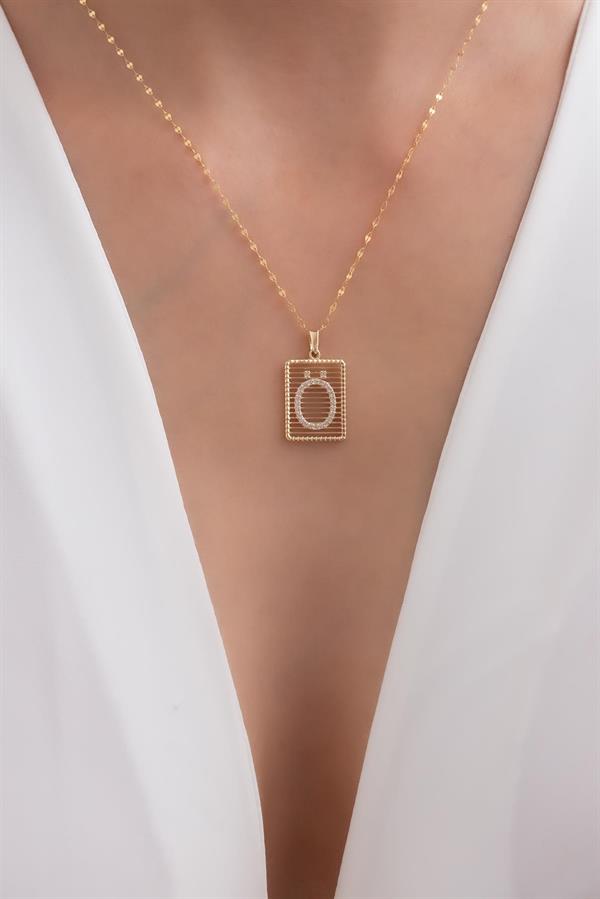 14K Solid Gold Ö Letter Wire Stone Necklace