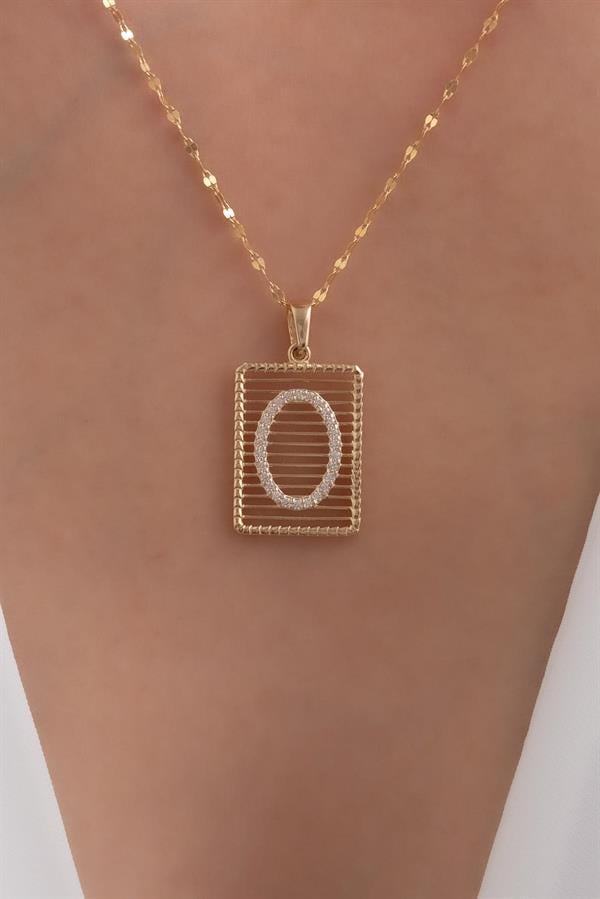 14K Solid Gold O Letter Wire Stone Necklace