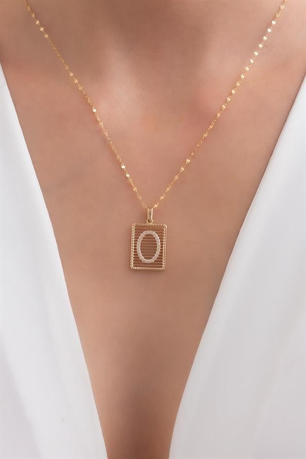 14K Solid Gold O Letter Wire Stone Necklace