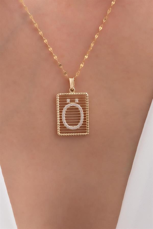 14K Solid Gold Ö Letter Wire Stone Necklace