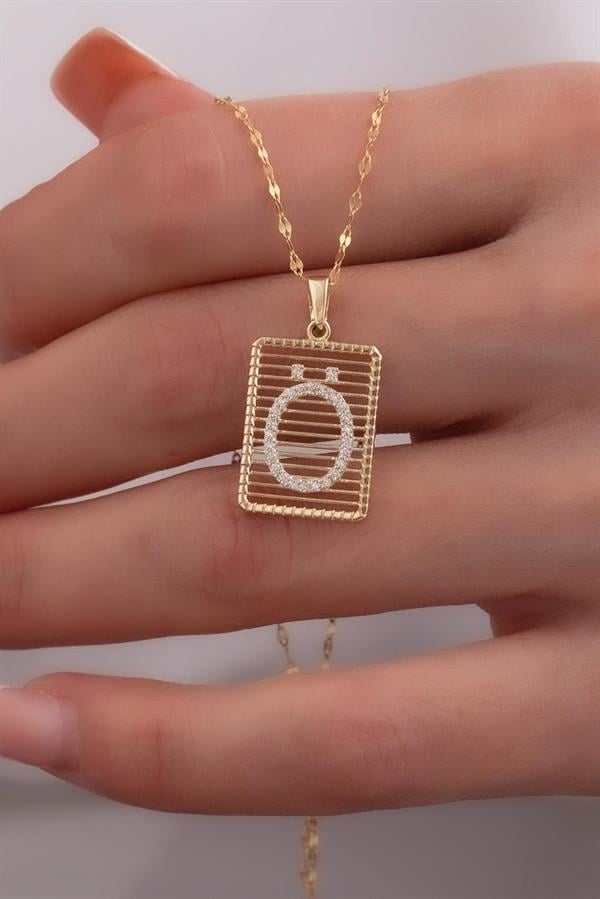 14K Solid Gold Ö Letter Wire Stone Necklace