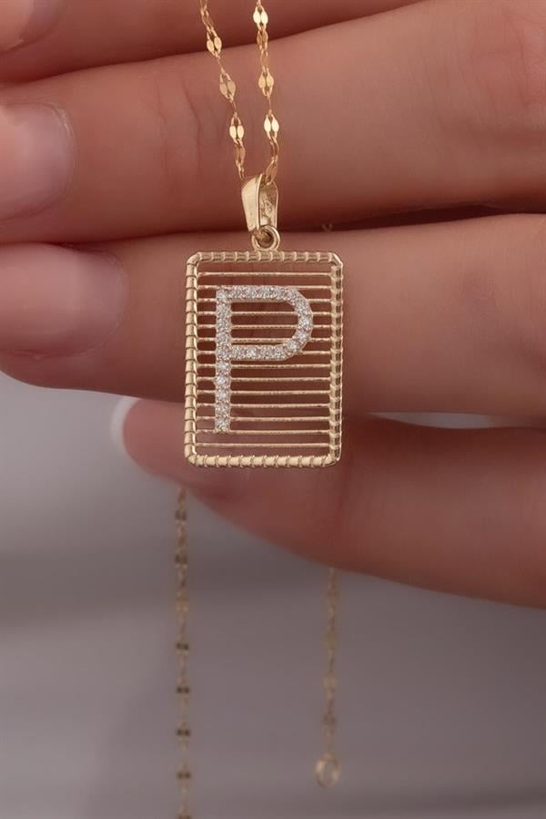 14K Solid Gold P Letter Necklace with Wire Stone
