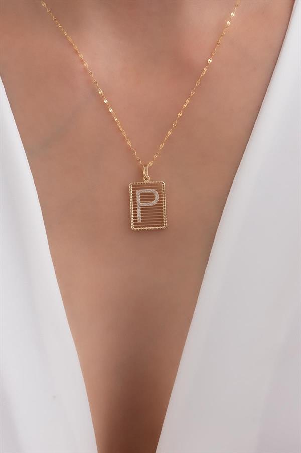 14K Solid Gold P Letter Necklace with Wire Stone