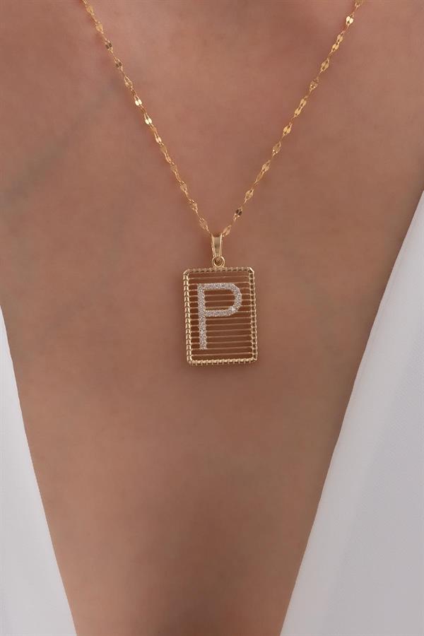 14K Solid Gold P Letter Necklace with Wire Stone