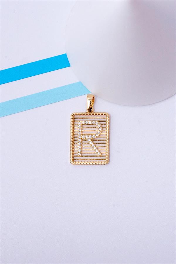 14 Ayar Altın R Harf Telli Taşlı Kolye Ucu