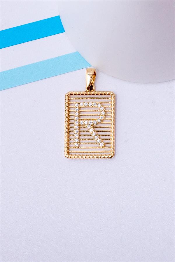 14 Ayar Altın R Harf Telli Taşlı Kolye Ucu