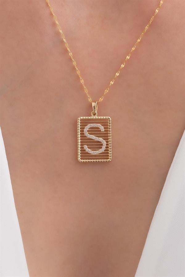 14K Solid Gold S Letter Wire Stone Necklace