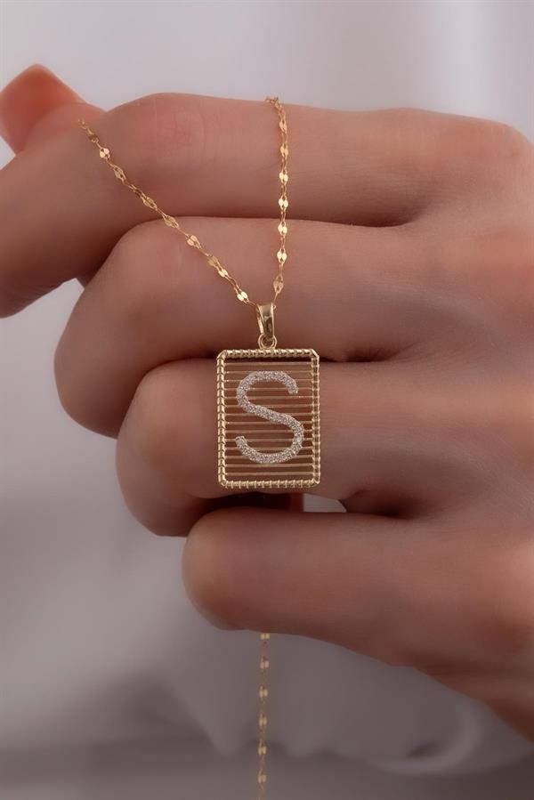 14K Solid Gold S Letter Wire Stone Necklace