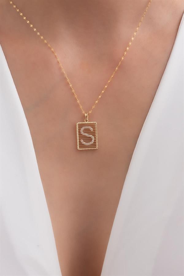 14K Solid Gold S Letter Wire Stone Necklace
