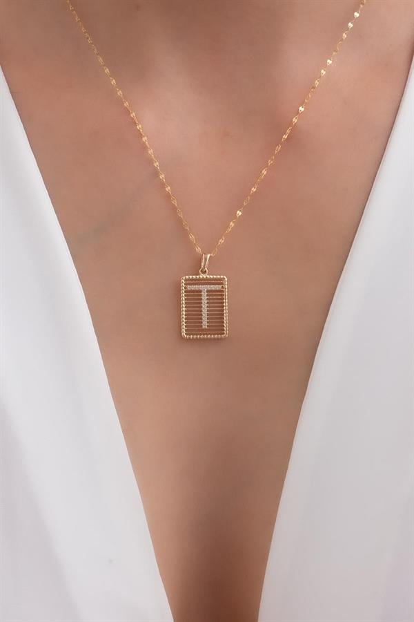 14K Solid Gold T Letter Wire Stone Necklace