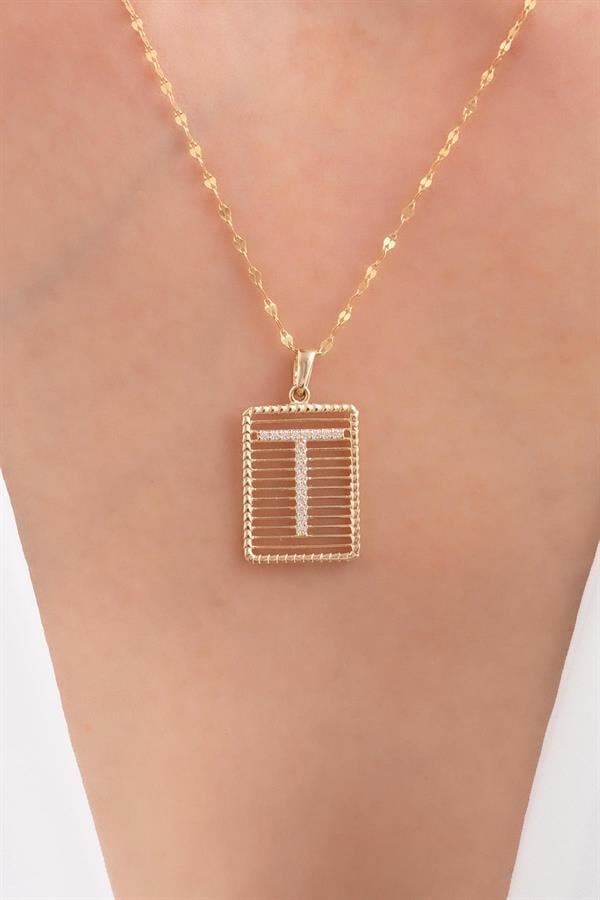14K Solid Gold T Letter Wire Stone Necklace