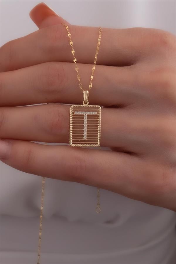 14K Solid Gold T Letter Wire Stone Necklace