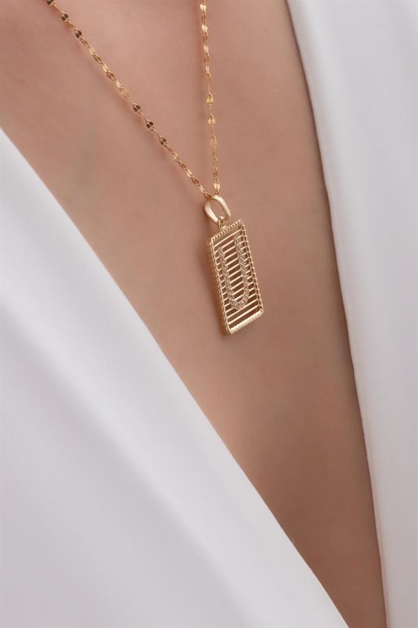 14K Solid Gold U Letter Wire Stone Necklace