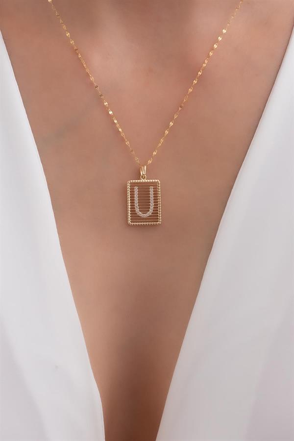 14K Solid Gold U Letter Wire Stone Necklace