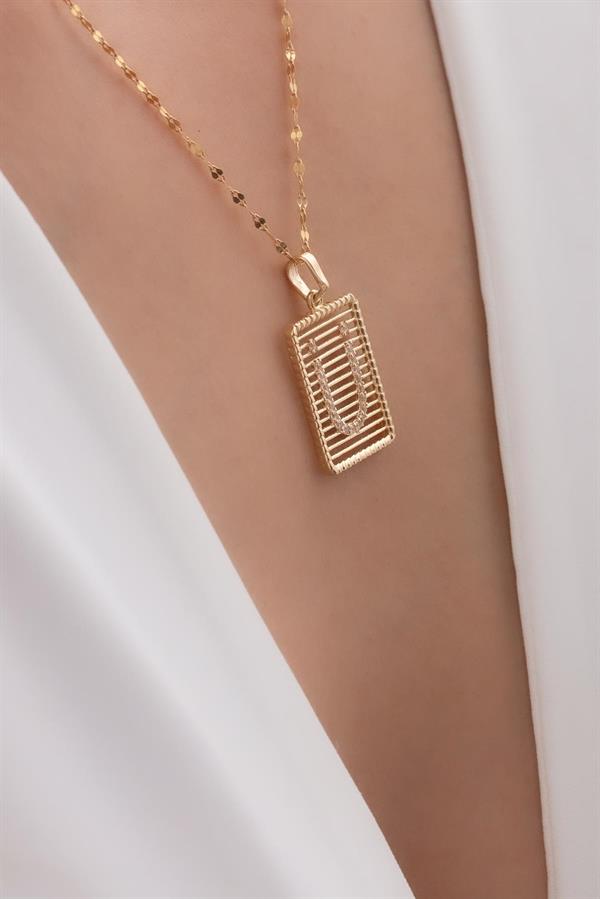 14K Solid Gold U Letter Wire Stone Necklace