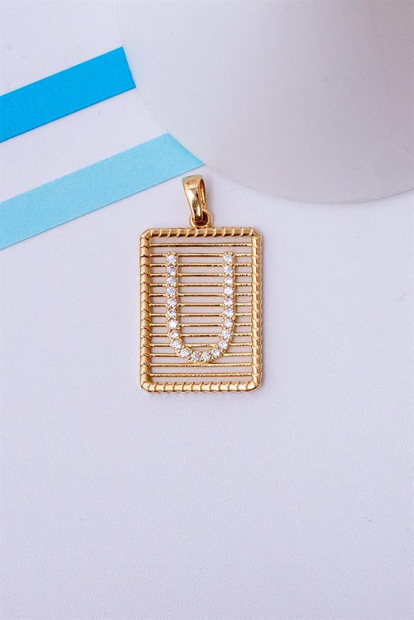 14 Ayar Altın U Harf Telli Taşlı Kolye Ucu