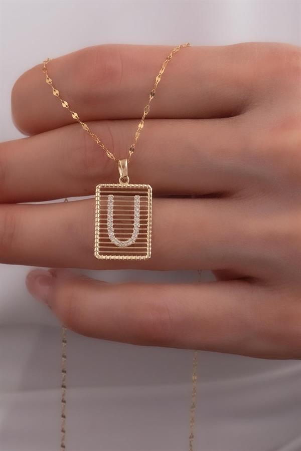 14K Solid Gold U Letter Wire Stone Necklace