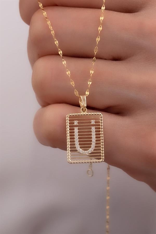 14K Solid Gold U Letter Wire Stone Necklace