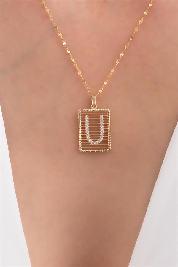 14K Solid Gold U Letter Wire Stone Necklace