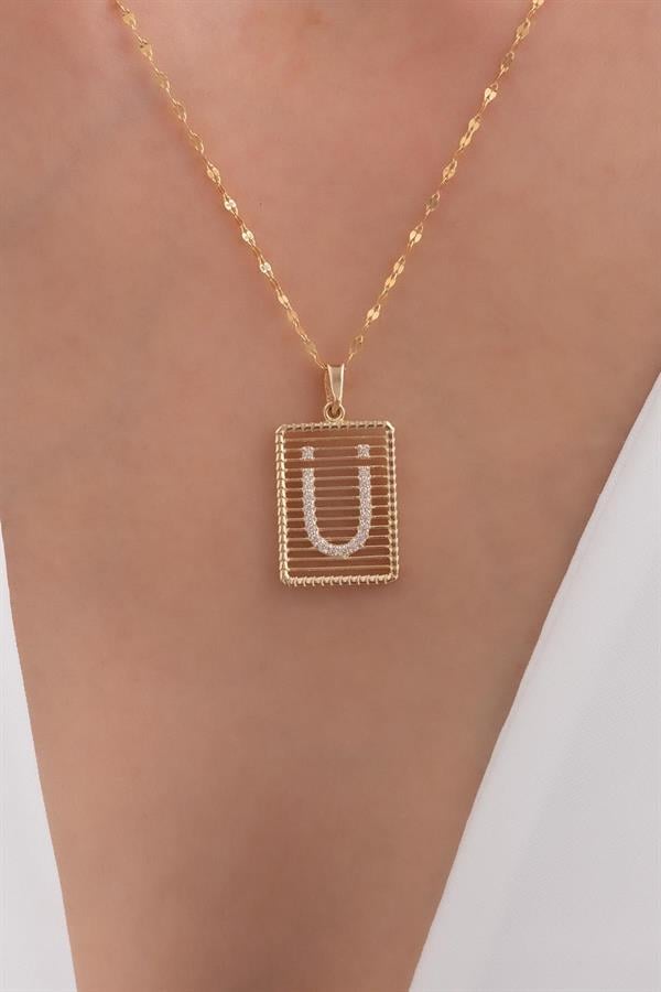 14K Solid Gold U Letter Wire Stone Necklace
