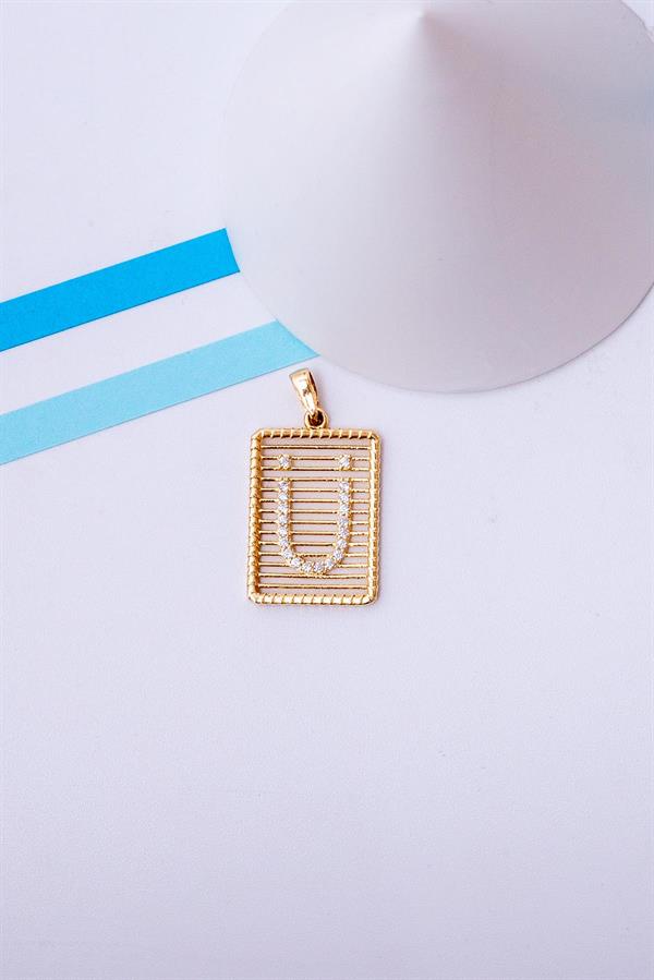 14 Ayar Altın Ü Harf Telli Taşlı Kolye Ucu