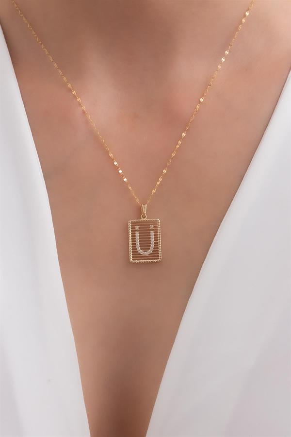 14K Solid Gold U Letter Wire Stone Necklace