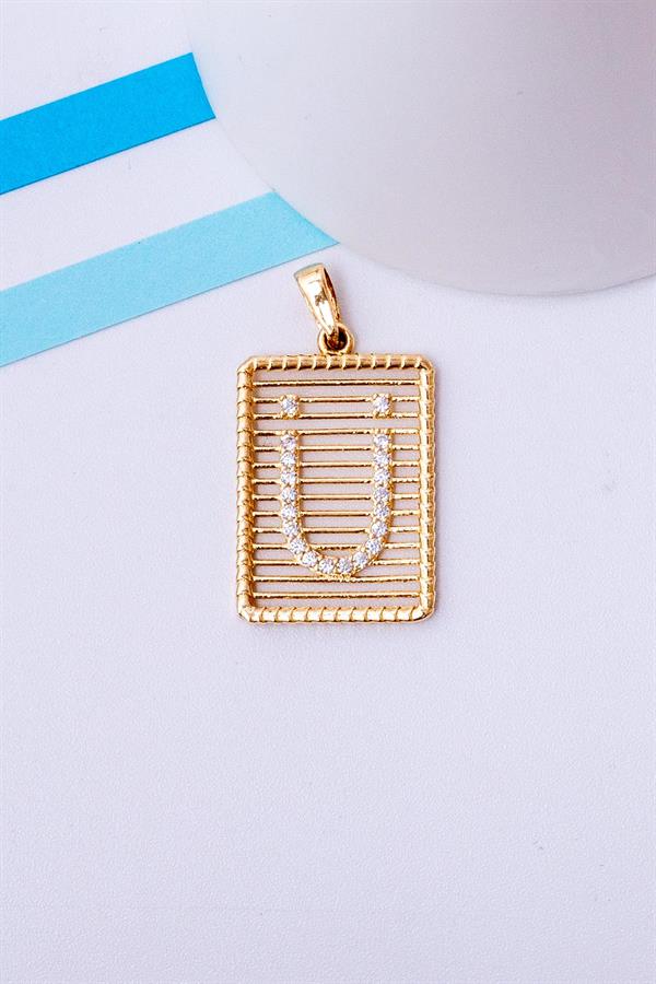 14 Ayar Altın Ü Harf Telli Taşlı Kolye Ucu