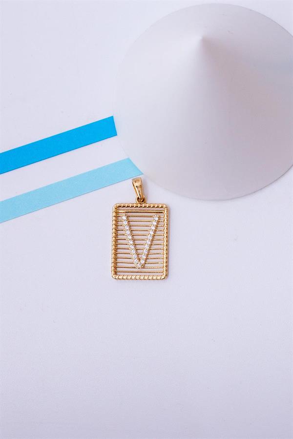 14 Ayar Altın V Harf Telli Taşlı Kolye Ucu