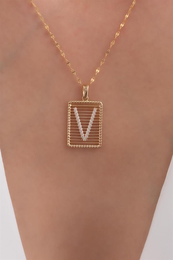 14K Solid Gold V Letter Wire Stone Necklace