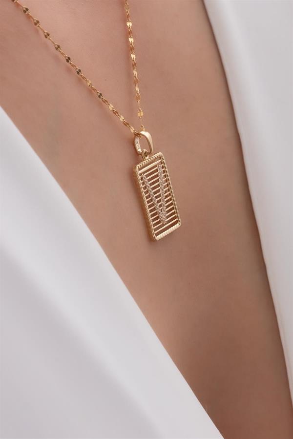 14K Solid Gold V Letter Wire Stone Necklace