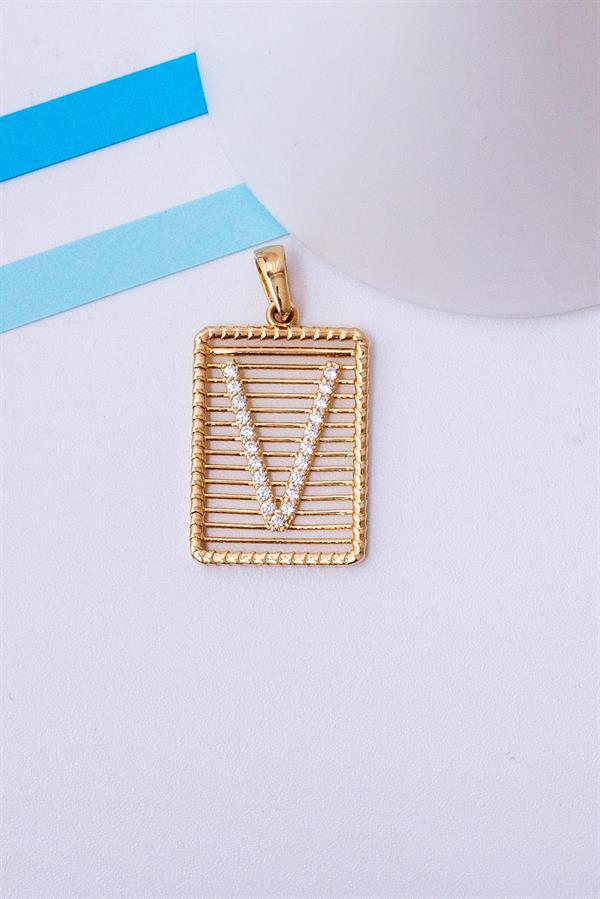 14 Ayar Altın V Harf Telli Taşlı Kolye Ucu