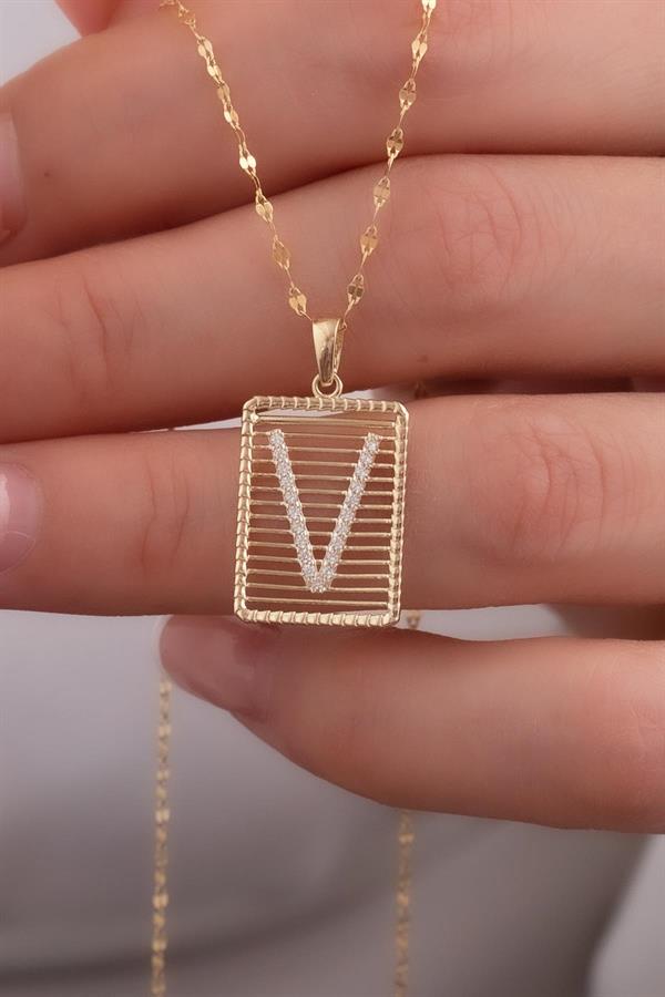 14K Solid Gold V Letter Wire Stone Necklace