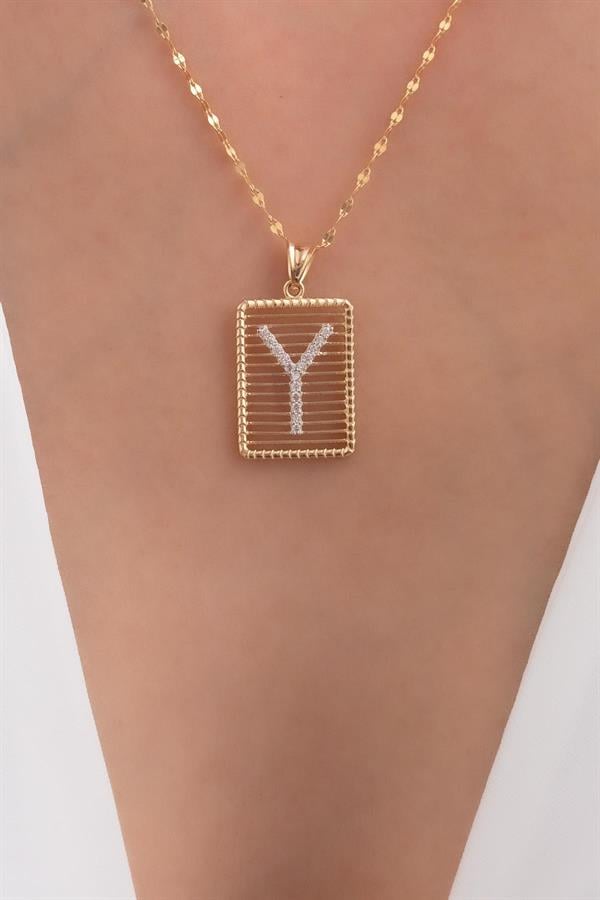 14K Solid Gold Y Letter Wire Stone Necklace