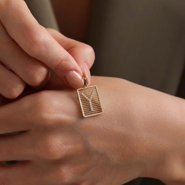 14 Ayar Altın Y Harf Telli Taşlı Kolye Ucu