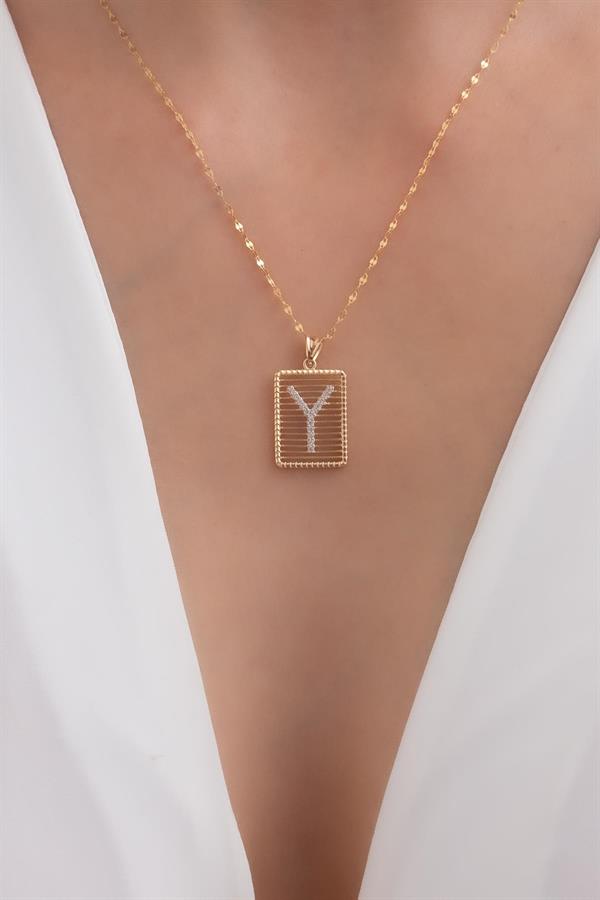 14K Solid Gold Y Letter Wire Stone Necklace