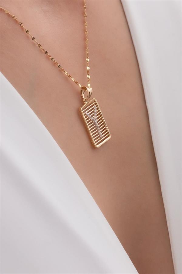 14K Solid Gold Y Letter Wire Stone Necklace