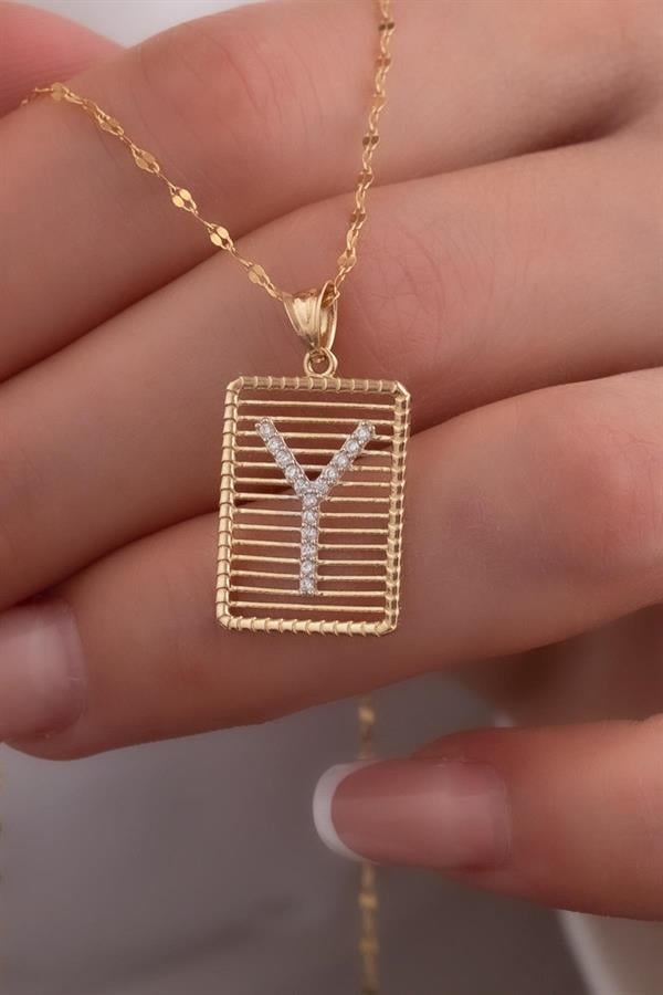 14K Solid Gold Y Letter Wire Stone Necklace