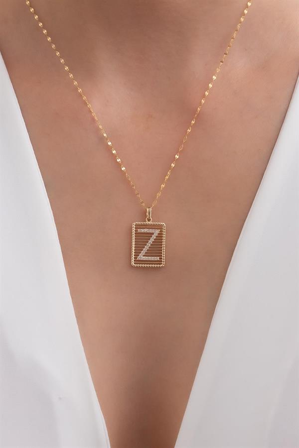 14 Ayar Altın Z Harf Telli Taşlı Kolye